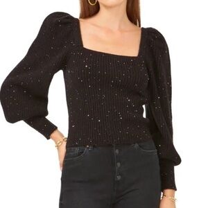 1.State Sparkle Midnight Garden Black Puff Sleeve Sweater
